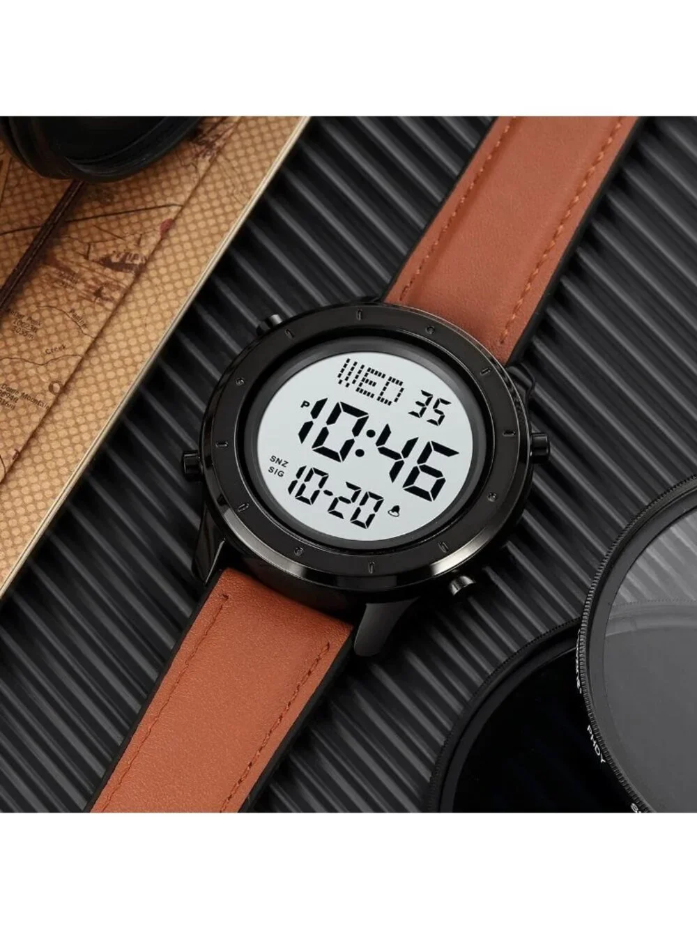 Men's Brown Analog Quartz Stainless Steel Waterproof LED Digital Wrist Watch